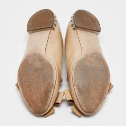 Pre Owned Miu Miu Beige Patent Leather Bow Detail Crystal Embellished Heel Ballet Flats Size 39