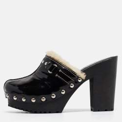 Miu Miu Black Patent Leather Wooden Platform Mules Size 38.5
