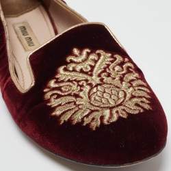 Miu Miu Burgundy Embroidered Velvet Crystal Embellished Smoking Slippers Size 37