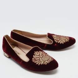 Miu Miu Burgundy Embroidered Velvet Crystal Embellished Smoking Slippers Size 37