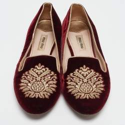 Miu Miu Burgundy Embroidered Velvet Crystal Embellished Smoking Slippers Size 37