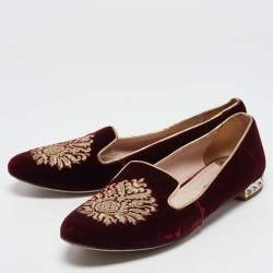 Miu Miu Burgundy Embroidered Velvet Crystal Embellished Smoking Slippers Size 37