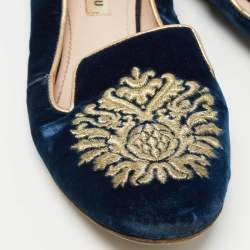 Miu Miu Blue Embroidered Velvet Crystal Embellished Smoking Slippers Size 37