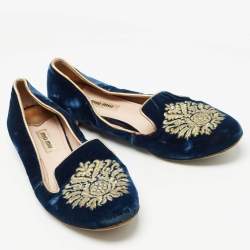 Miu Miu Blue Embroidered Velvet Crystal Embellished Smoking Slippers Size 37