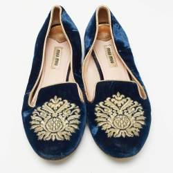 Miu Miu Blue Embroidered Velvet Crystal Embellished Smoking Slippers Size 37