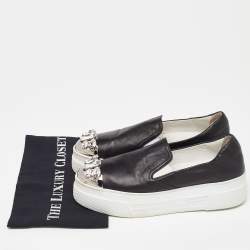 Pre Owned Miu Miu Black Leather Embellished Cap Toe Slip On Sneakers Size 39