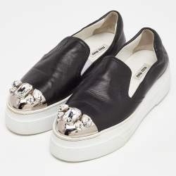 Pre Owned Miu Miu Black Leather Embellished Cap Toe Slip On Sneakers Size 39