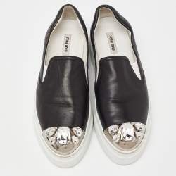 Pre Owned Miu Miu Black Leather Embellished Cap Toe Slip On Sneakers Size 39