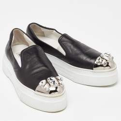 Pre Owned Miu Miu Black Leather Embellished Cap Toe Slip On Sneakers Size 39