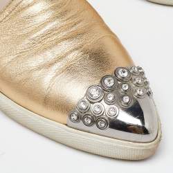 Miu Miu Gold Foil Leather Crystal Embellished Slip On Sneakers Size 41