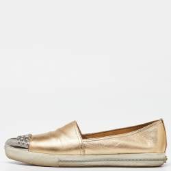 Miu Miu Gold Foil Leather Crystal Embellished Slip On Sneakers Size 41