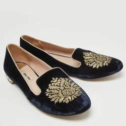 Miu Miu Navy Blue Velvet Embroidered Crystal Embellished Smoking Slippers  Size 36.5