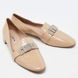 Miu Miu Beige Patent Leather Crystal Embellished Smoking Slippers Size 41