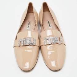 Miu Miu Beige Patent Leather Crystal Embellished Smoking Slippers Size 41