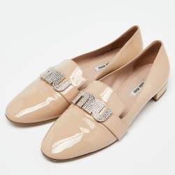 Miu Miu Beige Patent Leather Crystal Embellished Smoking Slippers Size 41