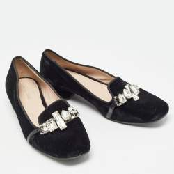 Miu Miu Black Velvet Crystal Embellished Smoking Slippers Size 37