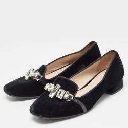 Miu Miu Black Velvet Crystal Embellished Smoking Slippers Size 37