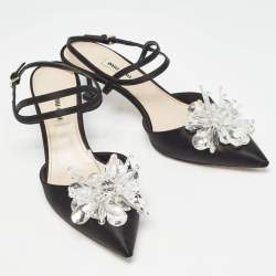 Miu Miu Black Satin Crystals Embellished Ankle Strap Pumps Size 38