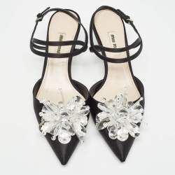 Miu Miu Black Satin Crystals Embellished Ankle Strap Pumps Size 38