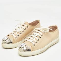 Miu Miu Beige Patent Leather Crystal Embellished Lace Up Sneakers Size 36