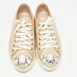 Miu Miu Beige Patent Leather Crystal Embellished Lace Up Sneakers Size 36