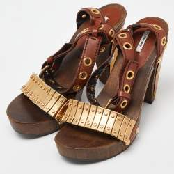 Pre Owned Miu Miu Brown/Gold Leather and Metal Platform Eyelet Ankle Strap Sandals Size 37