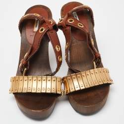 Pre Owned Miu Miu Brown/Gold Leather and Metal Platform Eyelet Ankle Strap Sandals Size 37