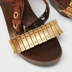 Pre Owned Miu Miu Brown/Gold Leather and Metal Platform Eyelet Ankle Strap Sandals Size 37