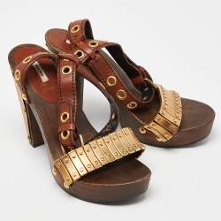 Pre Owned Miu Miu Brown/Gold Leather and Metal Platform Eyelet Ankle Strap Sandals Size 37