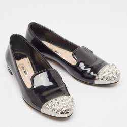 Pre Owned Miu Miu Black  Patent Leather Crystal Embellished Smoking Slippers Size 36