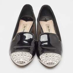 Pre Owned Miu Miu Black  Patent Leather Crystal Embellished Smoking Slippers Size 36