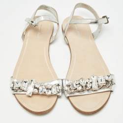 Miu Miu Silver Leather Ankle Strap Sandals Size 37