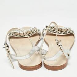 Miu Miu Silver Leather Ankle Strap Sandals Size 37