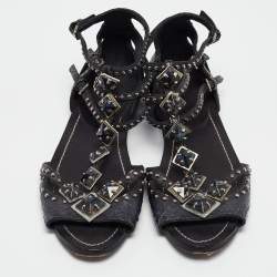 Miu Miu Navy Blue Python Leather Ankle Strap Flat Sandals Size 38.5