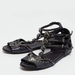 Miu Miu Navy Blue Python Leather Ankle Strap Flat Sandals Size 38.5