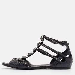 Miu Miu Navy Blue Python Leather Ankle Strap Flat Sandals Size 38.5