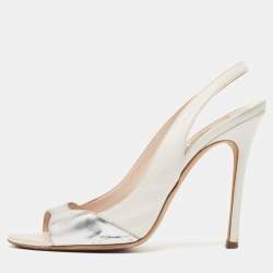 Miu Miu White/Silver Leather Slingback Open Toe Pumps Size 38.5   