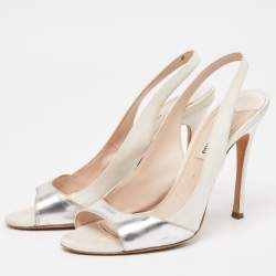 Miu Miu White/Silver Leather Slingback Open Toe Pumps Size 38.5   