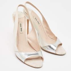 Miu Miu White/Silver Leather Slingback Open Toe Pumps Size 38.5   