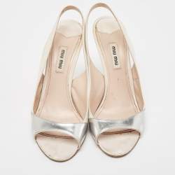 Miu Miu White/Silver Leather Slingback Open Toe Pumps Size 38.5   
