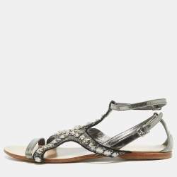 Pre Owned Miu Miu Metallic Leather and Glitter Ankle Strap Flat Sandals Size 39