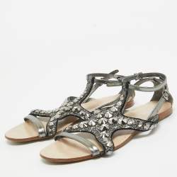 Pre Owned Miu Miu Metallic Leather and Glitter Ankle Strap Flat Sandals Size 39