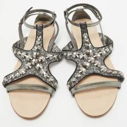 Pre Owned Miu Miu Metallic Leather and Glitter Ankle Strap Flat Sandals Size 39