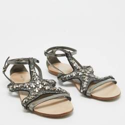 Pre Owned Miu Miu Metallic Leather and Glitter Ankle Strap Flat Sandals Size 39