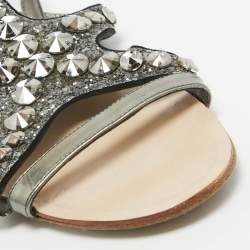 Pre Owned Miu Miu Metallic Leather and Glitter Ankle Strap Flat Sandals Size 39