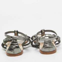 Pre Owned Miu Miu Metallic Leather and Glitter Ankle Strap Flat Sandals Size 39