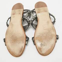 Pre Owned Miu Miu Metallic Leather and Glitter Ankle Strap Flat Sandals Size 39