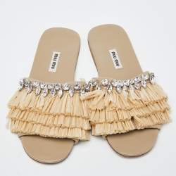 Miu Miu Beige Raffia and Suede Crystals Embellished Slide Flats Size 37