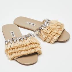 Miu Miu Beige Raffia and Suede Crystals Embellished Slide Flats Size 37