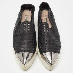 Miu Miu Black Perforated Leather Metal Cap Toe Slip On Sneakers Size 38